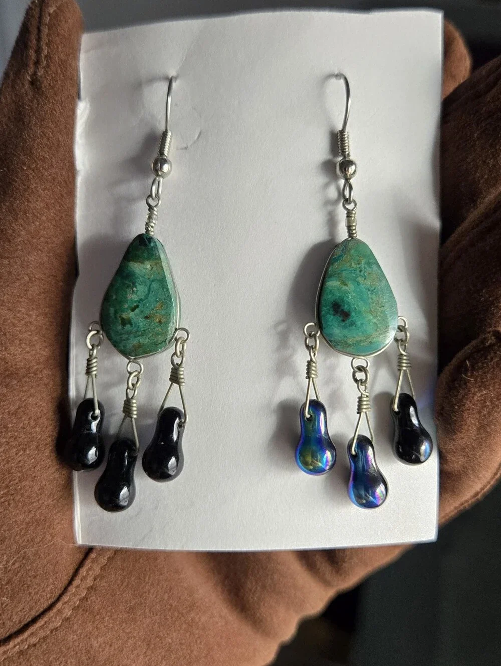 Vintage Turquoise Teardrop Dangle Earrings with Iridescent Black Beads